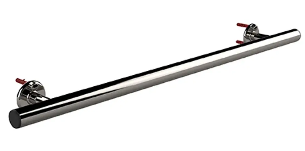 Haltestange aus verchromtem Metall mit zwei Wandhaltern und roten Schrauben. Produkt von Grünbeck, geeignet zur Unterstützung in Badezimmern oder öffentlich zugänglichen Räumen.